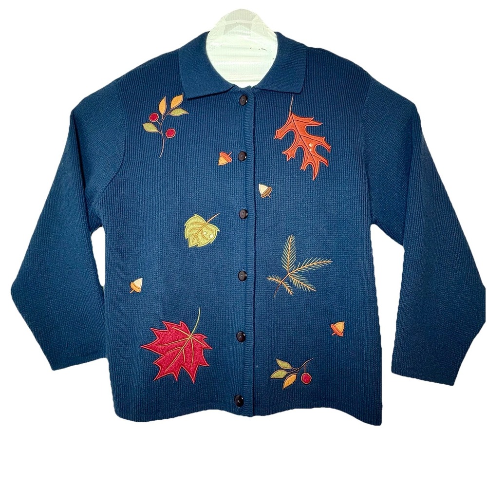 Halloween Fall Sweater Women XL Navy Blue With Colorful Leavesβ Sz XL Acrylic